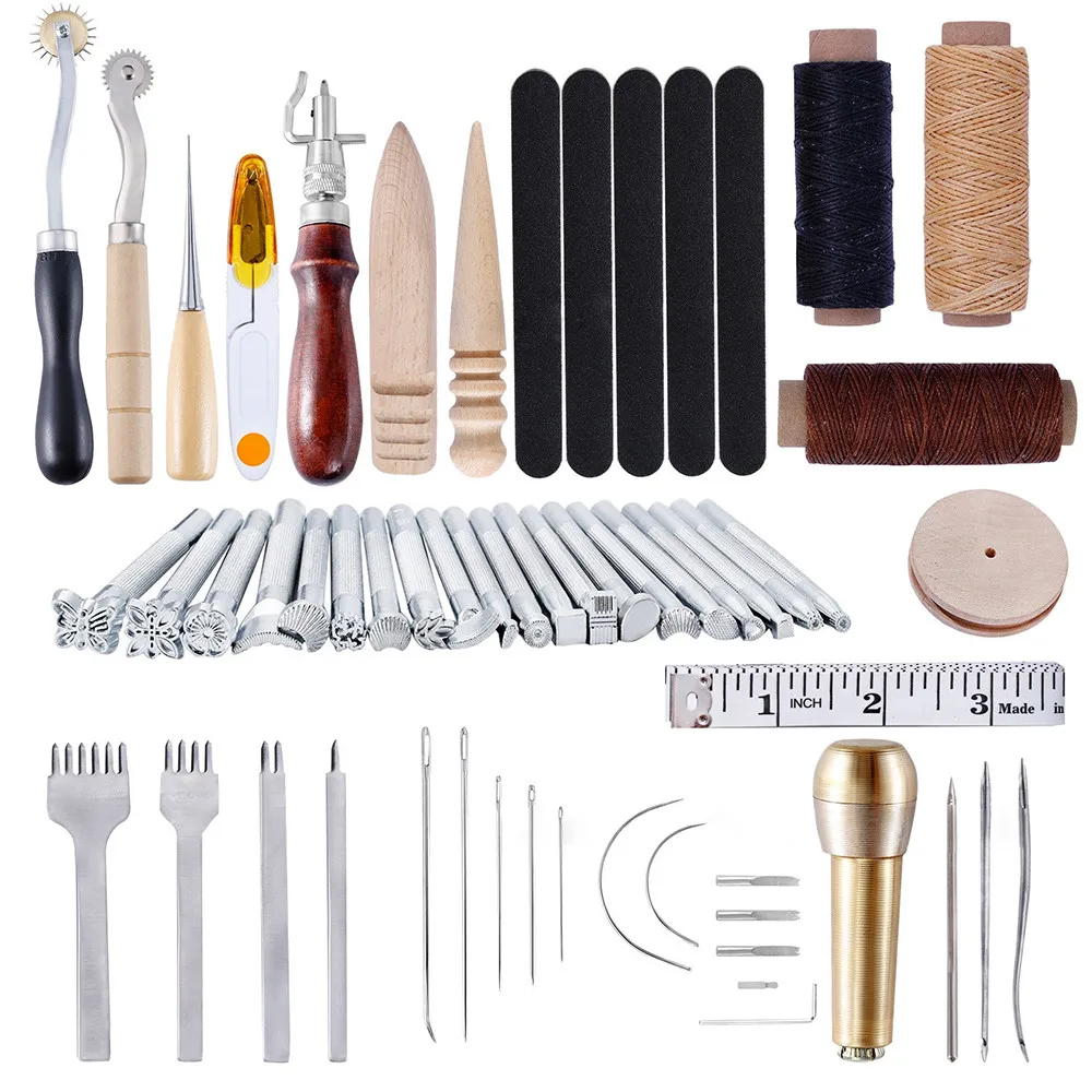 59pcs Leather Craft Working Tools Stitching Sewing Kit Repair Set with Waxed Thread Groover Awl for Beginners Professionals