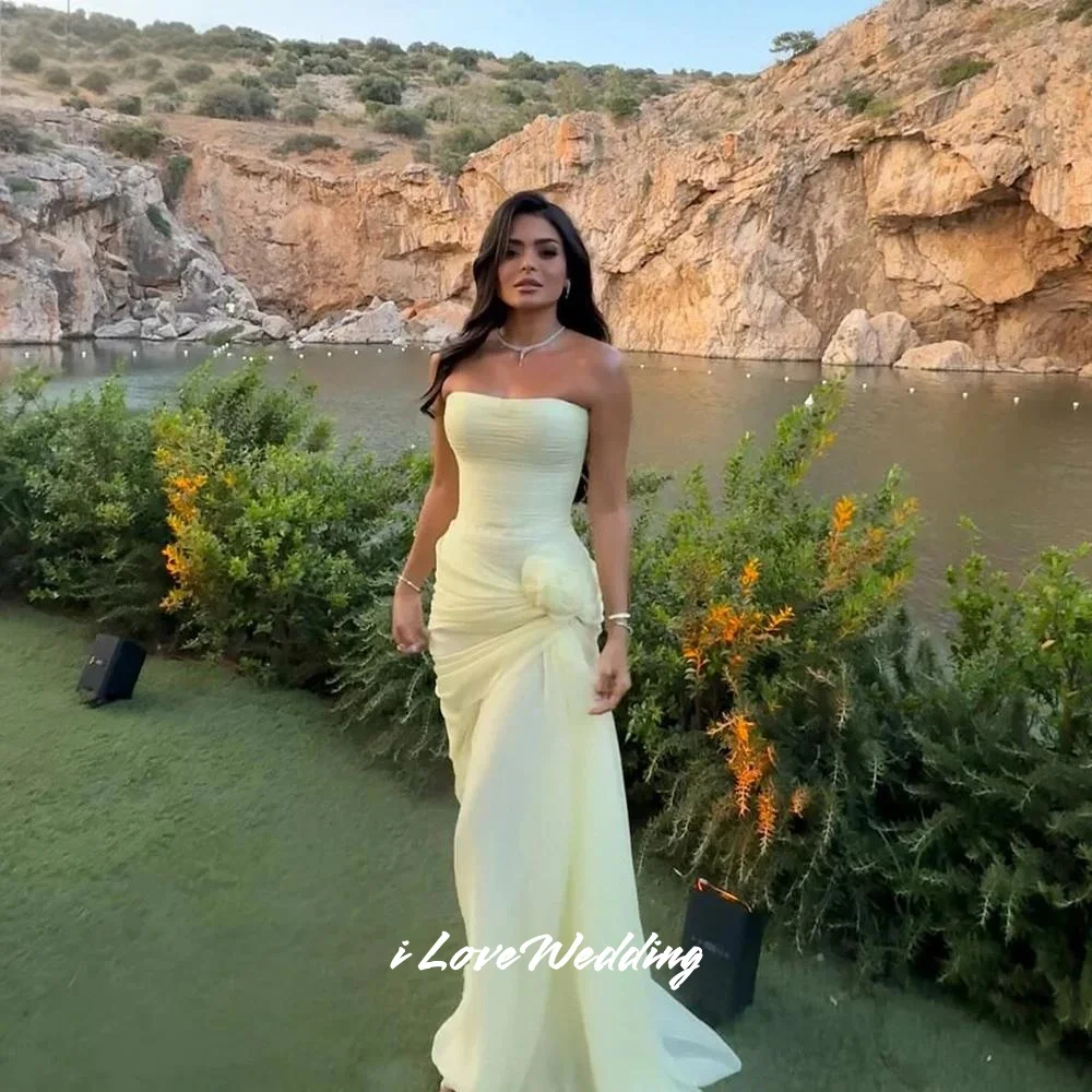 

Yellow Strapless Evening Dresses 2025 Chiffon Sleeveless 3D Fowers Mermaid Pleated Floor-Length Wedding Party Dresses Customized