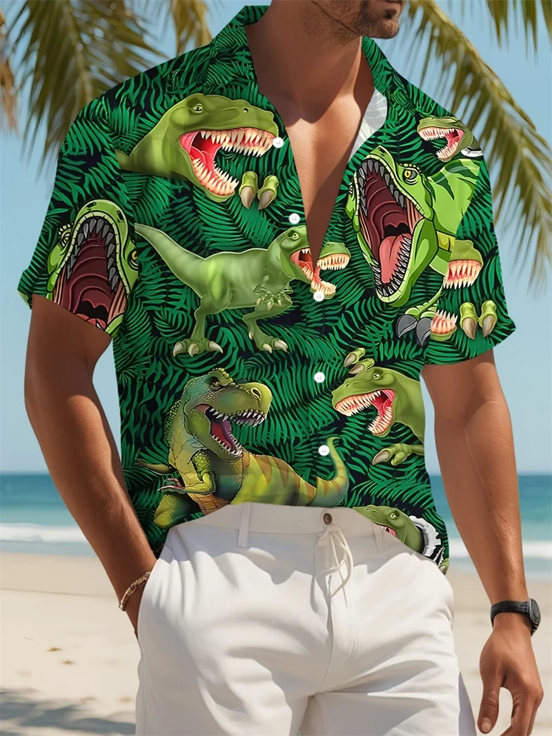 

Men's Style Summer Shirt With Green T-Rex And Jungle Dinosaur Print For Casual And Beach Vacation Wear Shirts For Man Clothing
