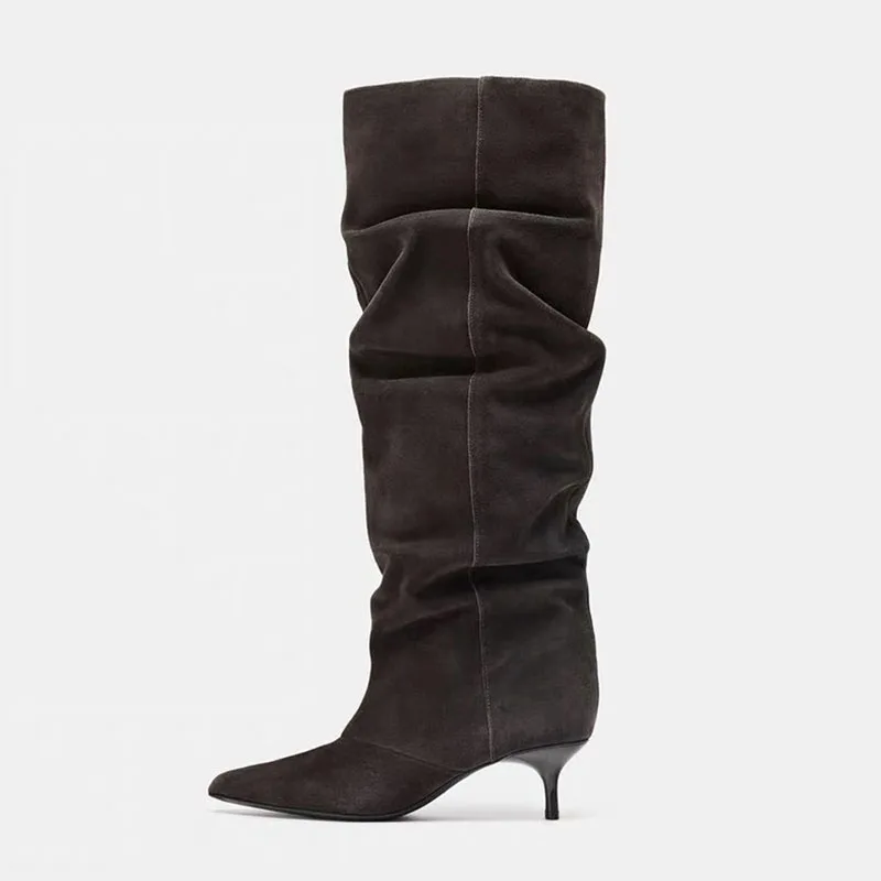 

2026 New In Winter Pointed Toe Fashion Low Heel Ladies Long Boots Slip On Shoes Female Designer Pleated Knee High Boots Women