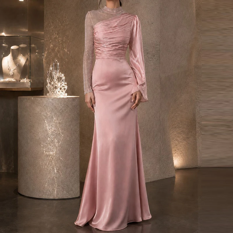 Women Elegant Temperament Solid Dress Satin Patchwork Slim Fit Long Dress 2026 Autumn O Neck Long Sleeved High Waist Party Dress
