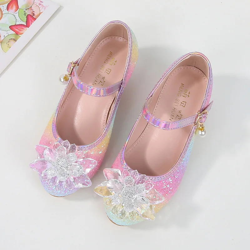 Children\'s High Heels Fashion Diamond Flowers Girls Party Dance Shoes Soft Soled Kids Princess Crystal Glitter Student Bow Shoe