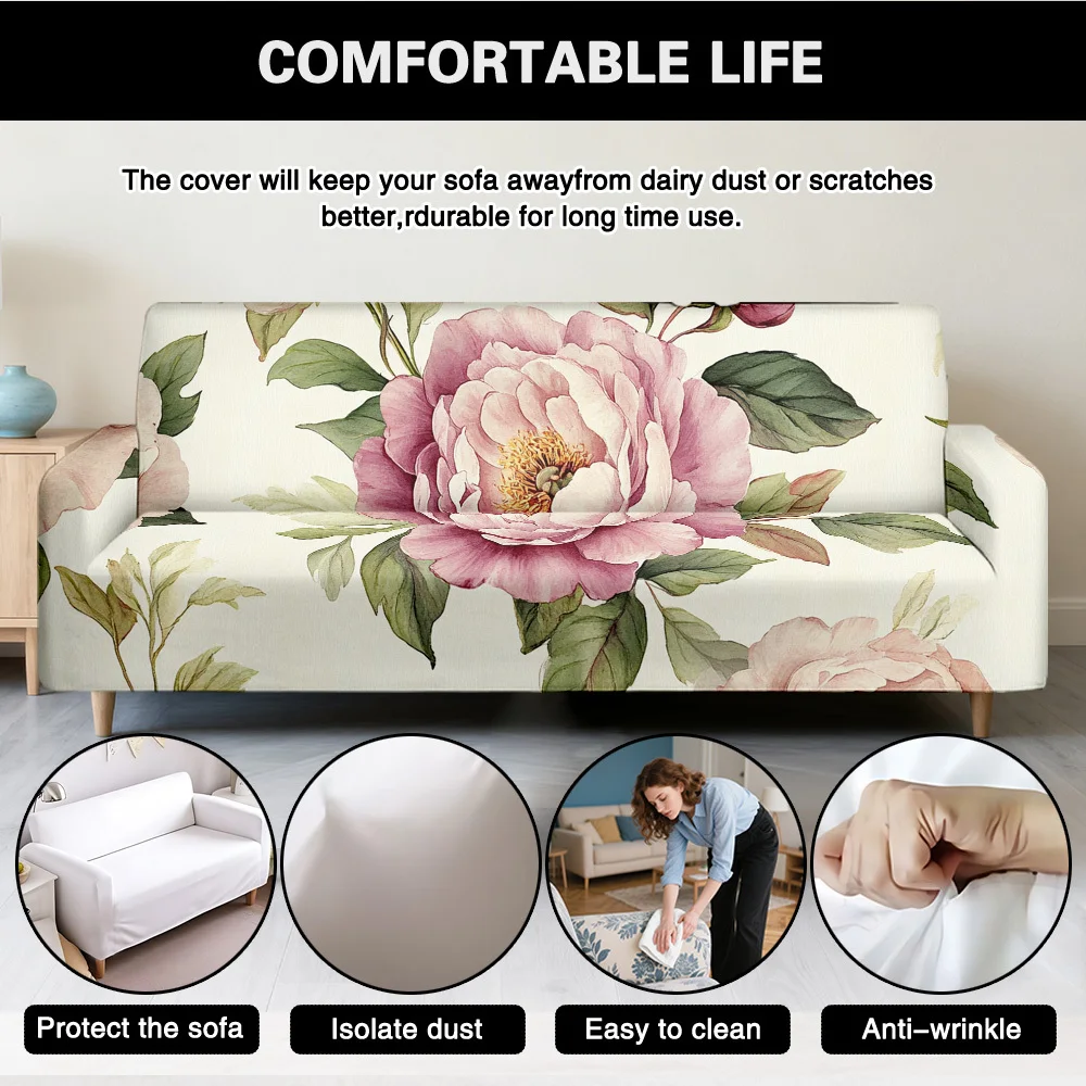 1pc Elegant Watercolor Peony Print Stretch Sofa Cover, Vintage Floral Couch Slipcover for Shabby Chic Home Decor