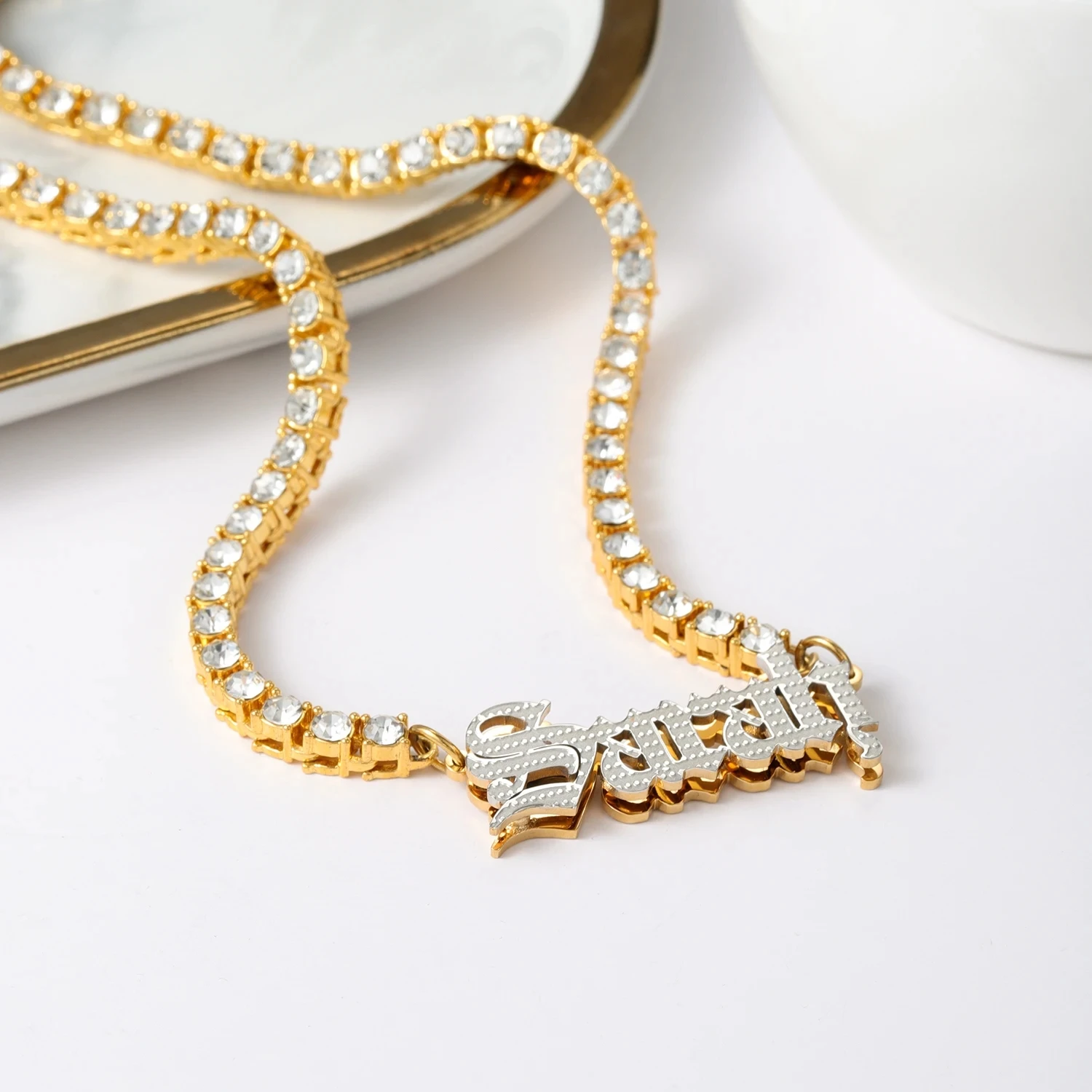 Custom Name Necklace Personalized Two Tone Waterproof 316L Stainless Steel Tennis Chain Zircon Tennis Chain Necklace Jewelry