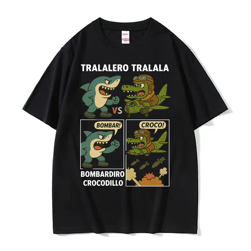 

Bombardiro Crocodillo Vs Tralalero Tralala Funny Italian Brainrot Meme T-shirt Men Women Fashion Humor Style T Shirts Streetwear