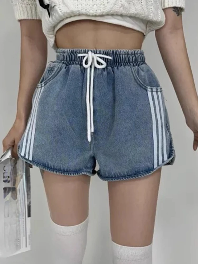 Korean Chic Summer Retro Short Jeans Women Y2k Vintage Washed Strappy Striped Shorrts Female Fashion Slim Streetwear Beach Pants