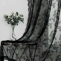 Black Lace Sheer Curtain Floral Lace Sheer Rod Pocket Curtain Panel Living Room Decoration Window Curtains Window Drape Shades