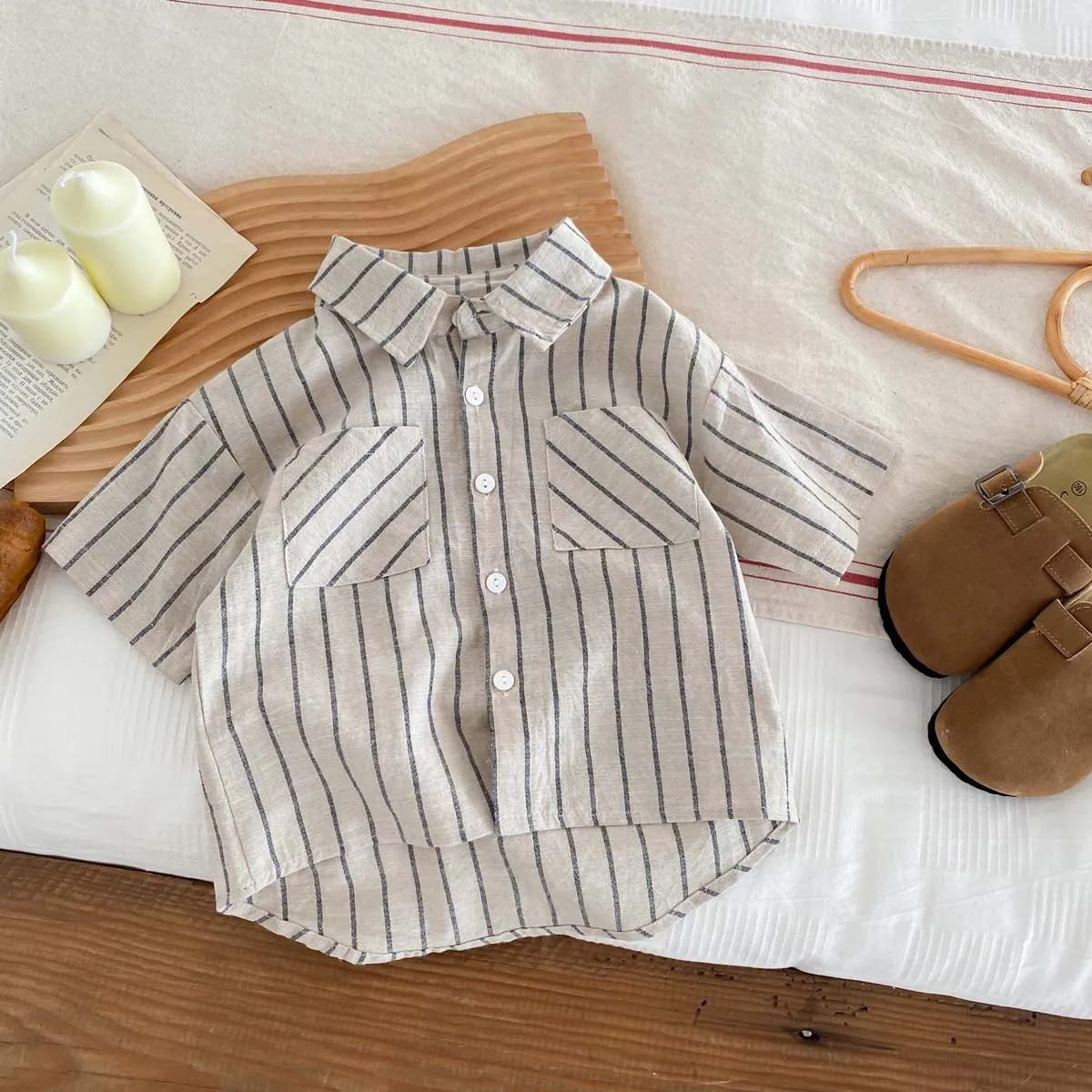 Children Korean Style Retro Striped Short Sleeve Shirt+Shorts Set for Toddler Boys Girls Baby Summer Thin Casual Fashion Outfit