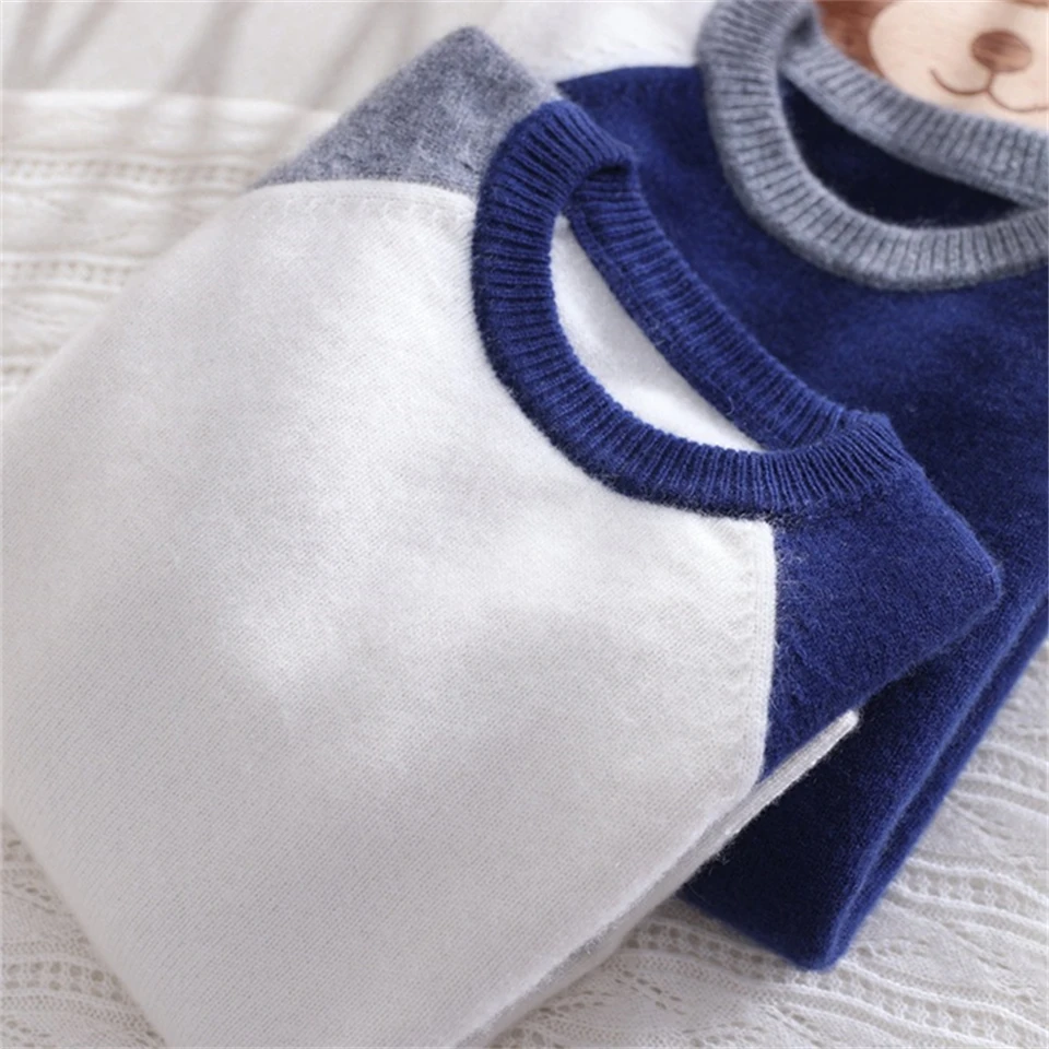 Childrens Winter New 100% wool sweater Boys girls Color blocking round neck Pullover shirt Korean version Leisure warmth sweater