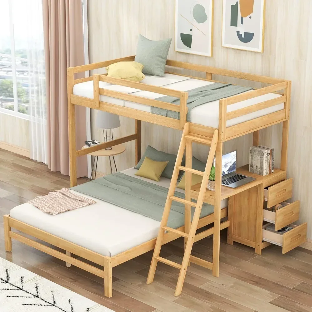 Bunk Bed ,with Built-in Desk,Three Drawers and Angled Ladder - Bunk Bed for Family, Teens, No Box Spring Needed