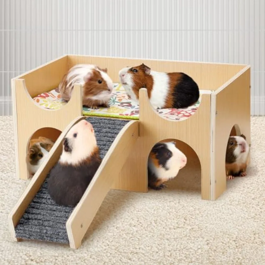 

Upgraded Guinea Pig Castle Sturdy Wooden Guinea Pig Hideout Animal House Bed Hut Habitats with Stairs Easy to Assemble for Hams