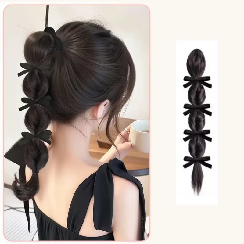 Wig Braid Lady Synthetic Ribbon Braided Lantern Bubble Braid Clip Low Ponytail Plaited Braid