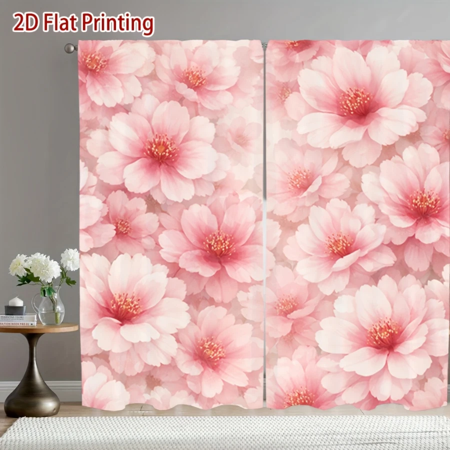 2PCS Digital Print Curtain, Pink Cherry Blossom Flowers Pattern, Romantic Floral Spring Style for Living Room Bedroom Home Decor