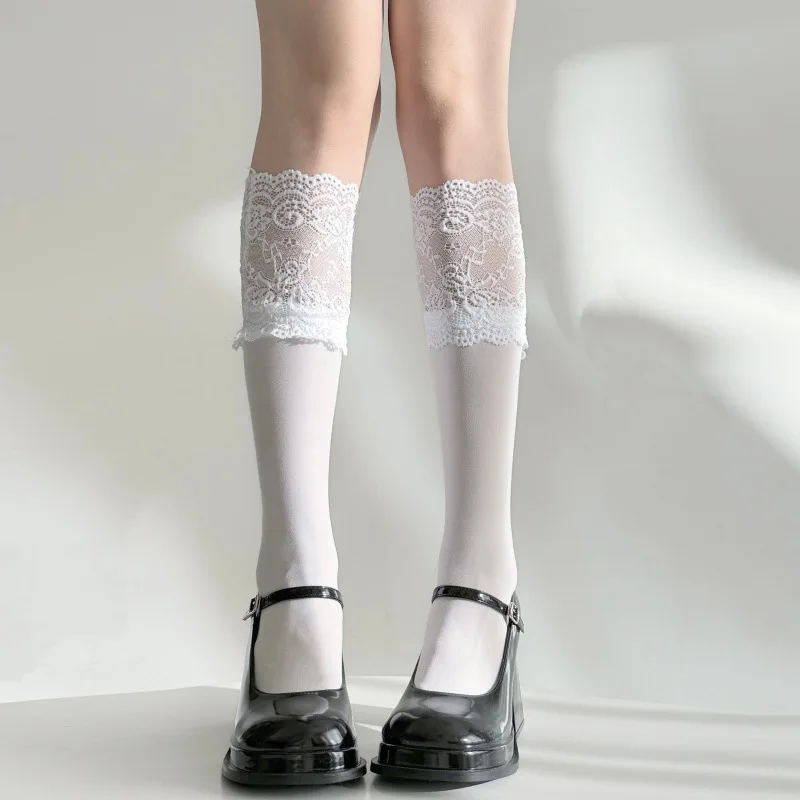 Charming Elegant Kids Spring Autumn Slouch Long Socks Ornate With Fine Lace Splicing Black White Tone Soft Comfortable Stockings