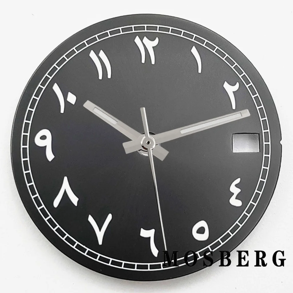 Esfera de reloj negra estéril de 29mm, esfera luminosa verde para NH35 NH36, movimiento compatible con 3,0 en punto a las 3,8 en punto