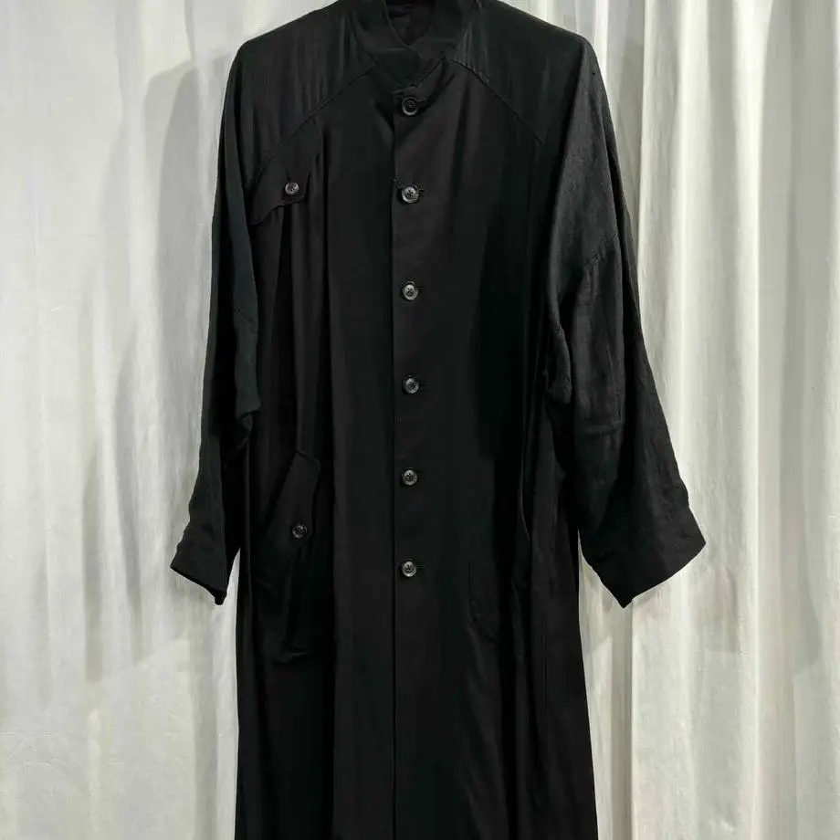 

TOP-YAMAMOTO ® Black long trench coat for men with stand-up collar buttons, versatile and stylish