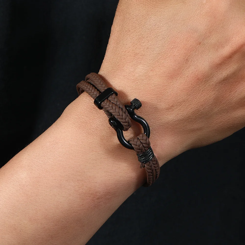 Casual Leather Rope Bracelets for Men Boys,Simple Knitted Bracelet with Horseshoe Buckle,Adjustable Gift to Husband Brother