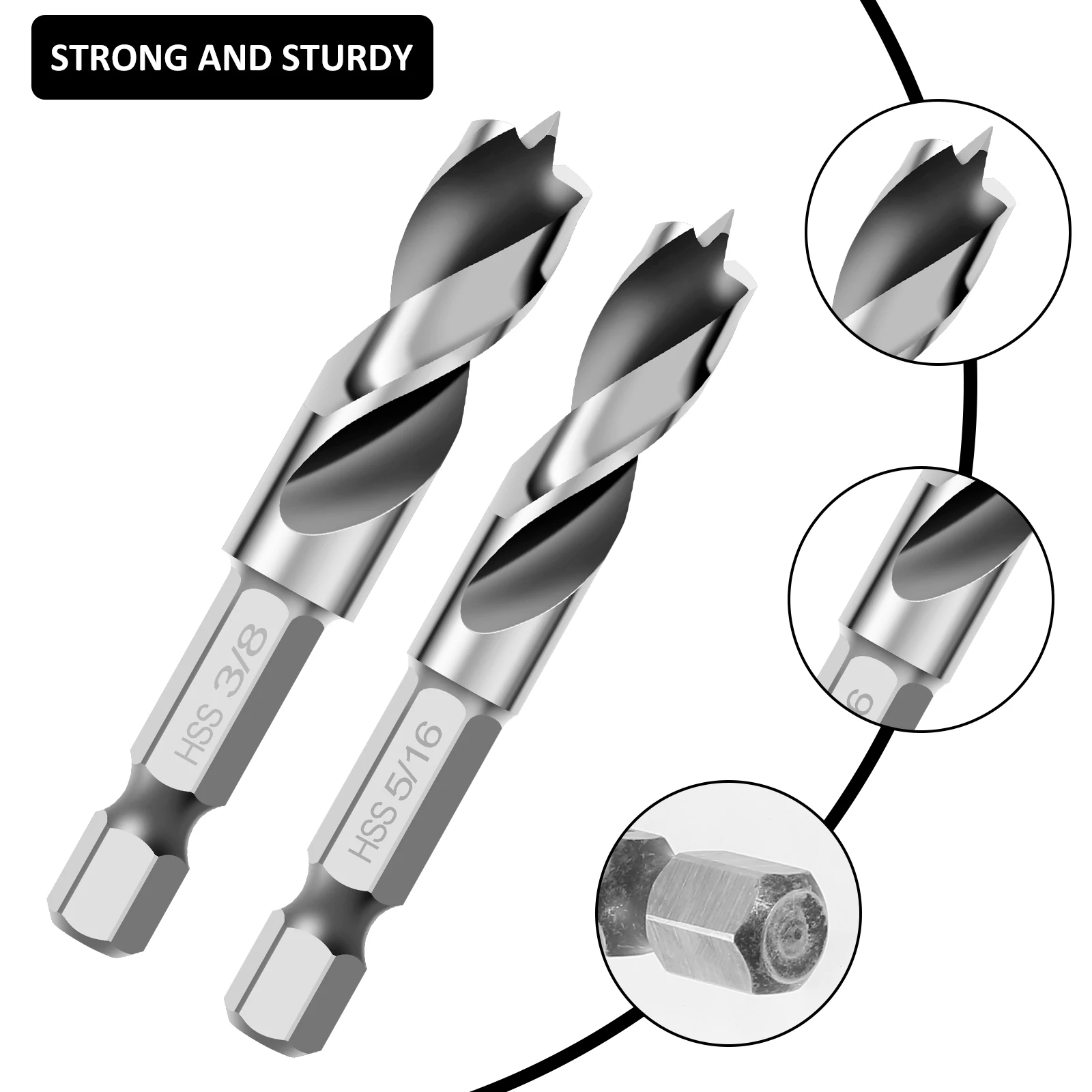 6pcs Brad Point Stubby Drill Bit Set Twist Drill Bit Set HSS 4241 Steel with 1/4-Inch Quick Change Hex Shank Woodworking Tool