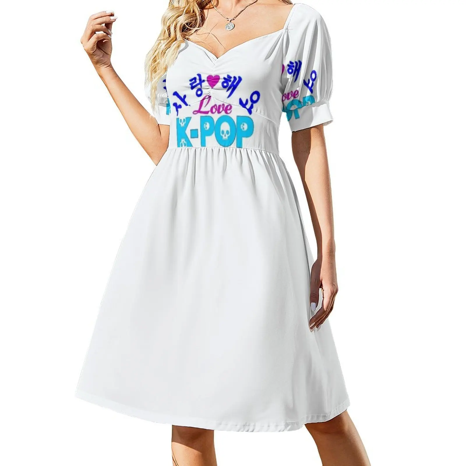 ? ?I Love-Kpop-Saranghaeyo K-Pop فستان على الطراز الكوري للنساء فستان كاجوال أنيق للحفلات أو الارتداء اليومي رائع Kpop Cool