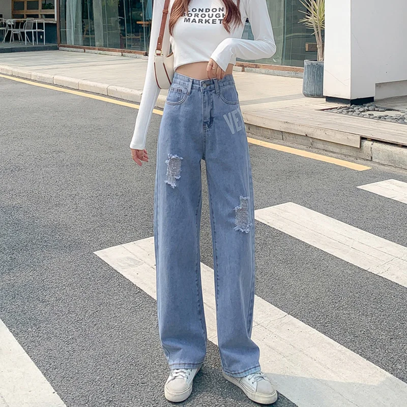 

Ripped Wide-leg Jeans Women's 2022 New Spring Autumn High-Waisted Trousers Female Fashion Loose Straight-Leg Mopping Pants