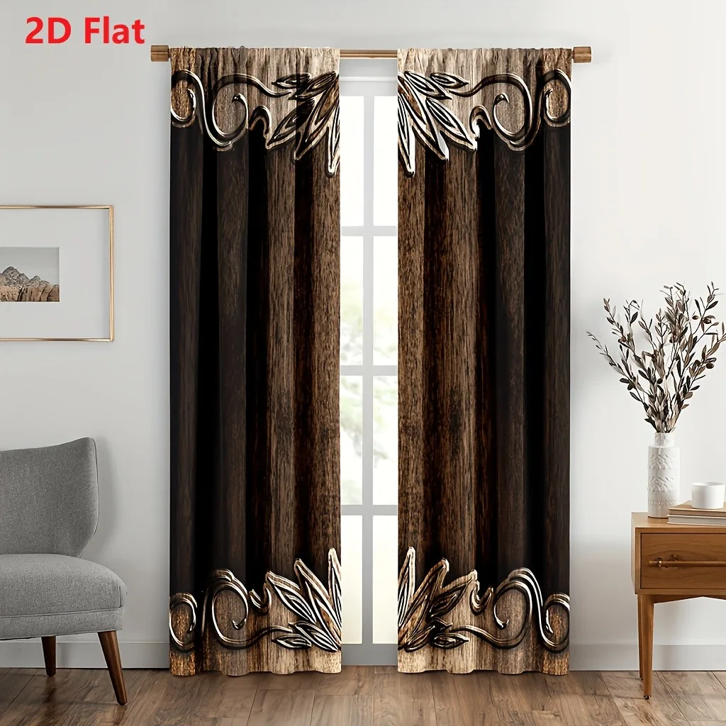 2D plane - 2D plane - 2-piece vintage curtains, 2D printed brown wooden house door country farmhouse cabin garage curtains, west