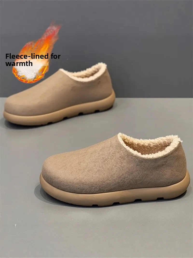 Men's Winter Casual Bken Shoes Soft Bottom Fleece Lined Mules Youth Warm Leather Fur Integrated Cotton Shoes Fashionable Slip...