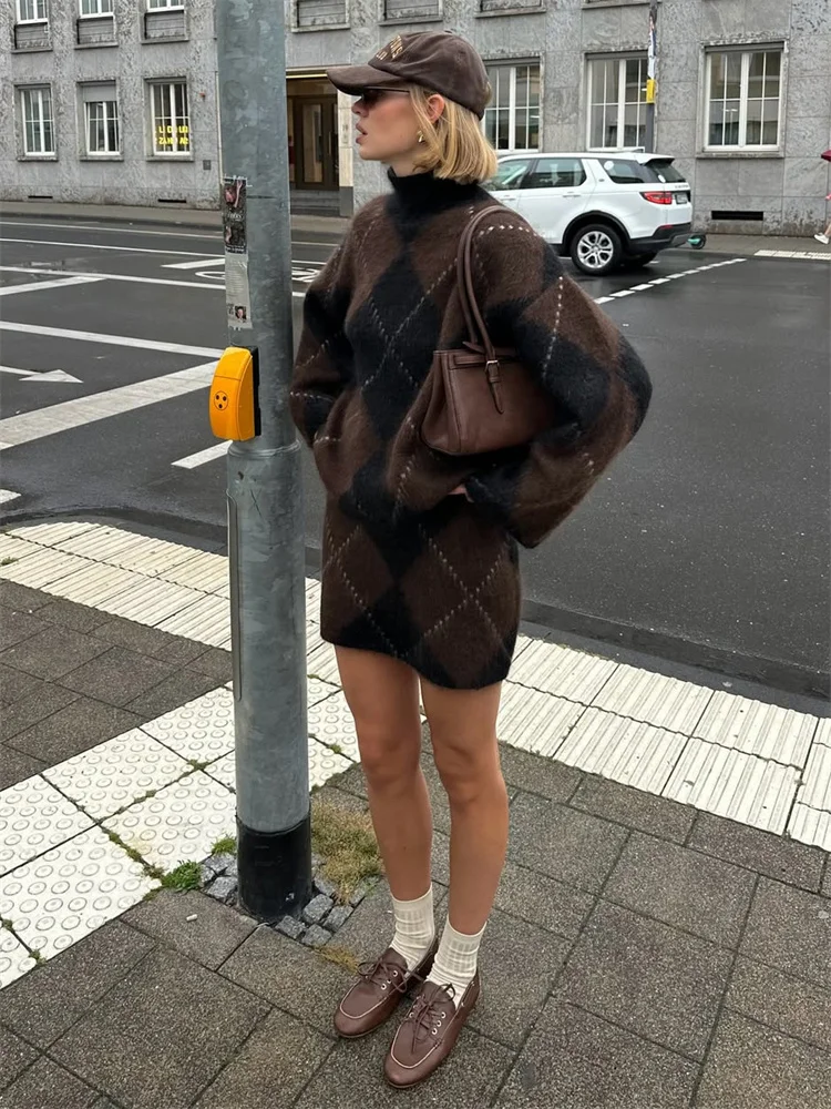 

Tossy Autumn Casual Knit 2 Piece-Set Skirt For Women Printed Long Sleeve Patchwork Turtleneck Top And Contrast Knitwear Outfits