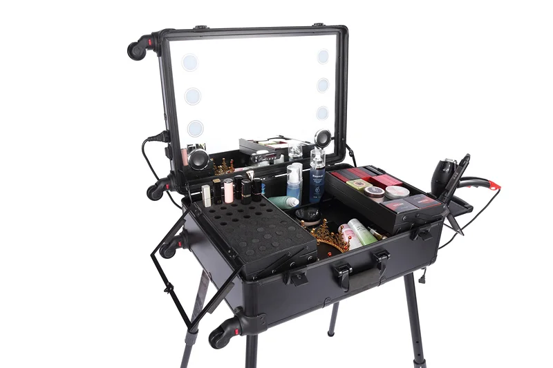 Aluminum Professional Rolling Cosmetics Trolley Suitcase Train Case, Mirror with Light LED Light
