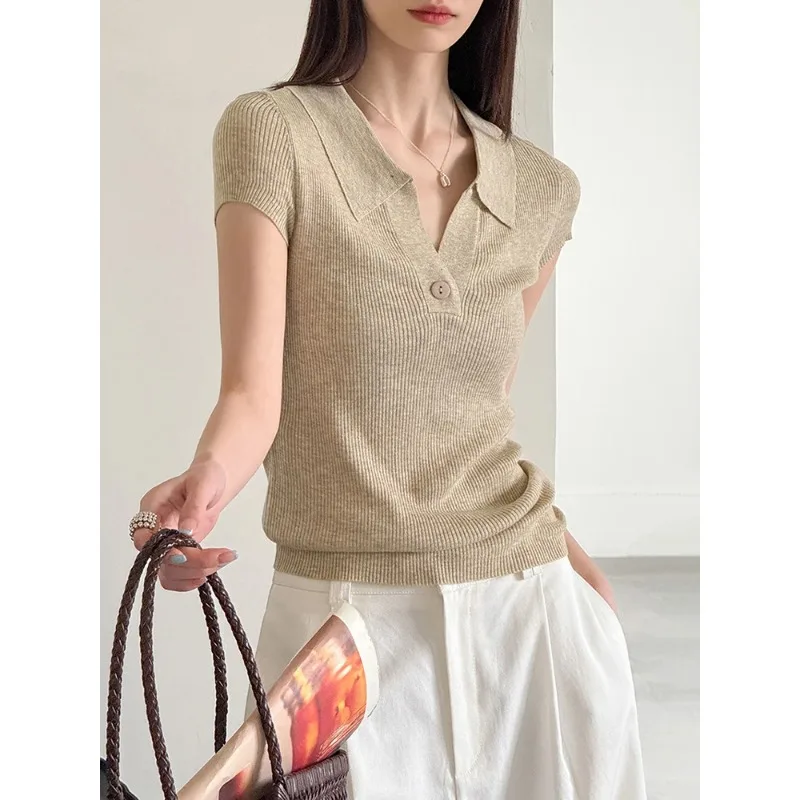 FANAN  Women Camel Gray Plain Color Knitting Slim Elegant T-shirt New V-Neck Short Sleeve Fashion Tide Spring Summer 2026