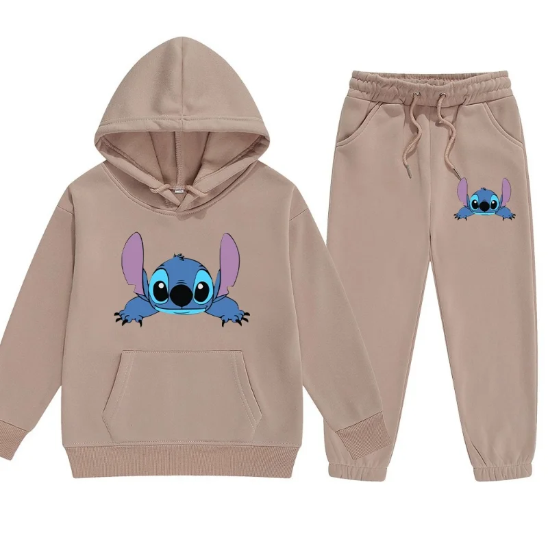 Cartoon Disney Stitch pajamas winter cotton plush hooded trousers sweater casual two-piece set women's pajamas loungewear