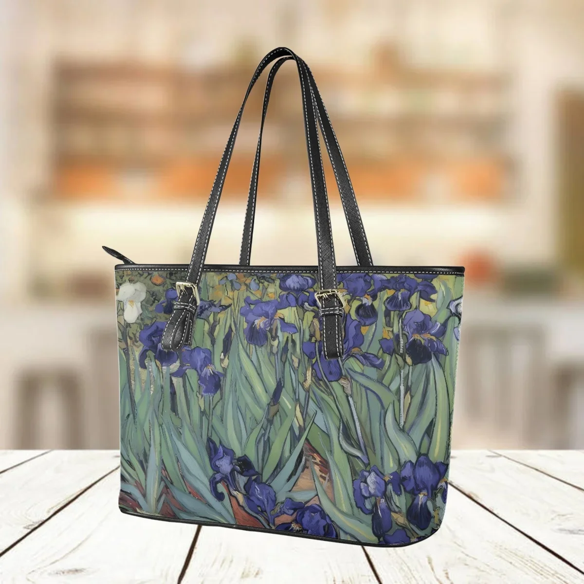 Van Gogh Iris Oil Painting Shoulder Bag Elegant Street Large Capacity Daily Women Casual Shopping Bag PU Leather Fashion Handbag