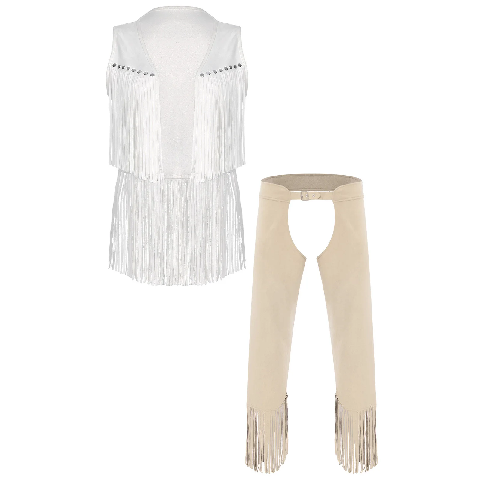 

Men Western Cowboy Halloween Party Cosplay Tassel Vest And Hollow-out Crotch Chap Pants for Disco Hippie Raves Club Dance Outfit