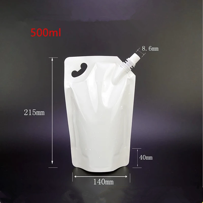 10pcs 500/1000ml White Standing Up Liquid Packing Bag - Food Grade Drinks Suction Nozzle Pouch Juice Water Doypack