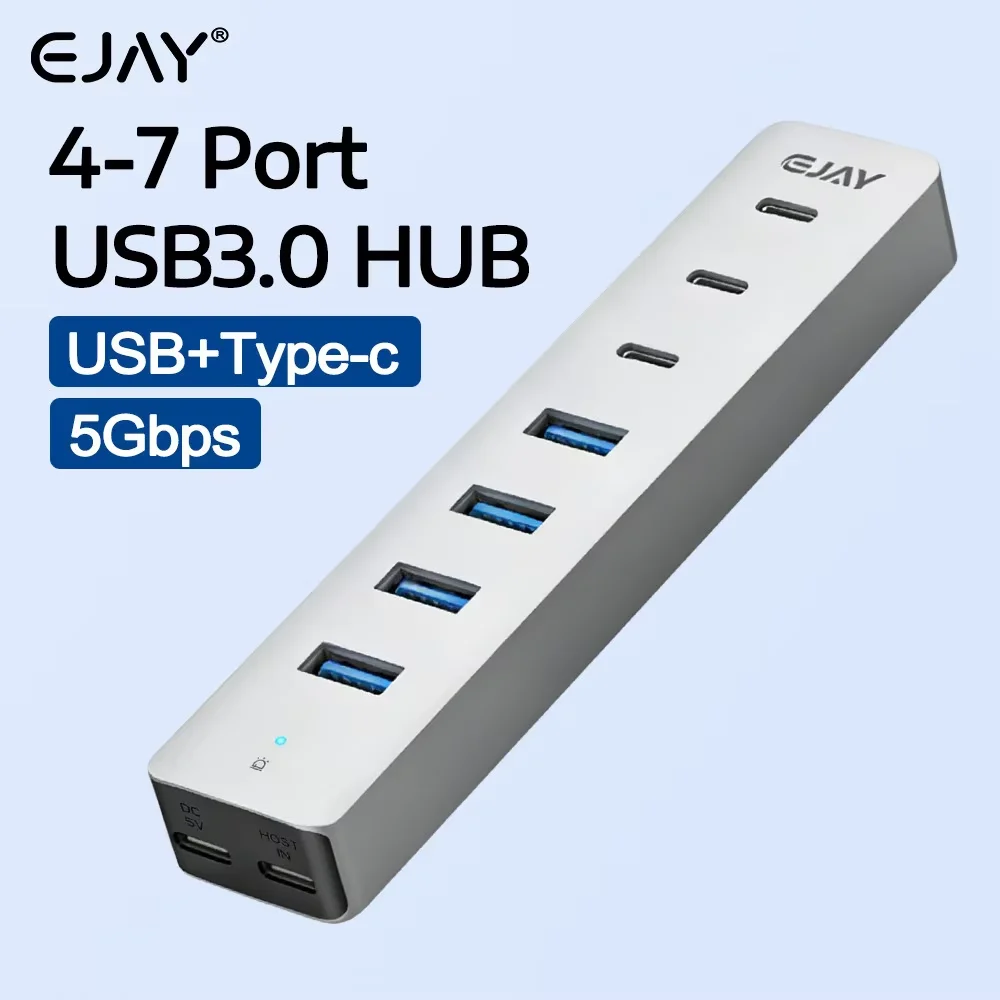 

USB-хаб EJAY 4-7 портов USB3.0, 5 Гбит/с, алюминиевый, с дополнительным портом питания, многопортовый расширитель для ПК, ноутбуков и Mac