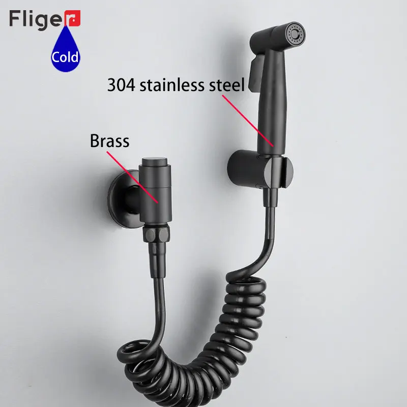 Fliger Black Bidet Faucet Handheld Bidet Sprayer Set Toilet Faucet Single Cold Water Shower Head Hygienic Shower Telescopic Tube