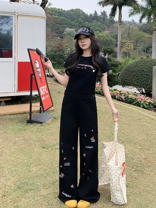 

Black Embroidered Denim Overalls Women's High Waist Straight Leg Wide Leg Pants Summer New Style Age Reduction Slimming