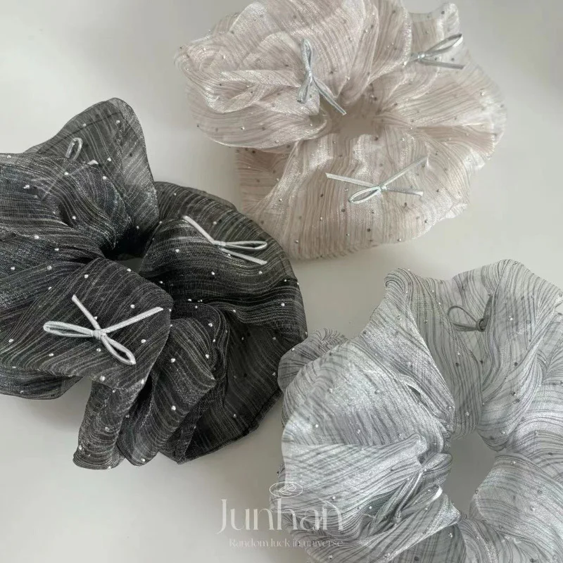 2024 Fashion Striped Bow Organza Scrunchie Headwear for Women Korean Transparent Gauze Silver Dot Hair Ties Hair Accessories