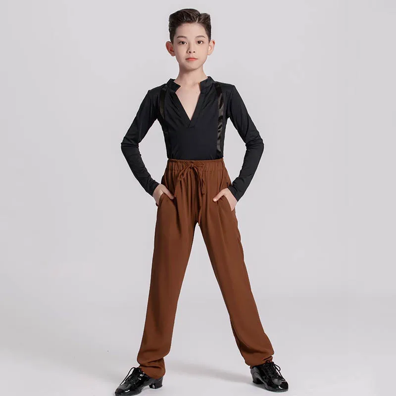 

Latin Shirt Long Sleeve Black Boys Dancing Competition Suit Samba Clothing Cha Cha Stage Clothes Latin Practice Pants Kids 858