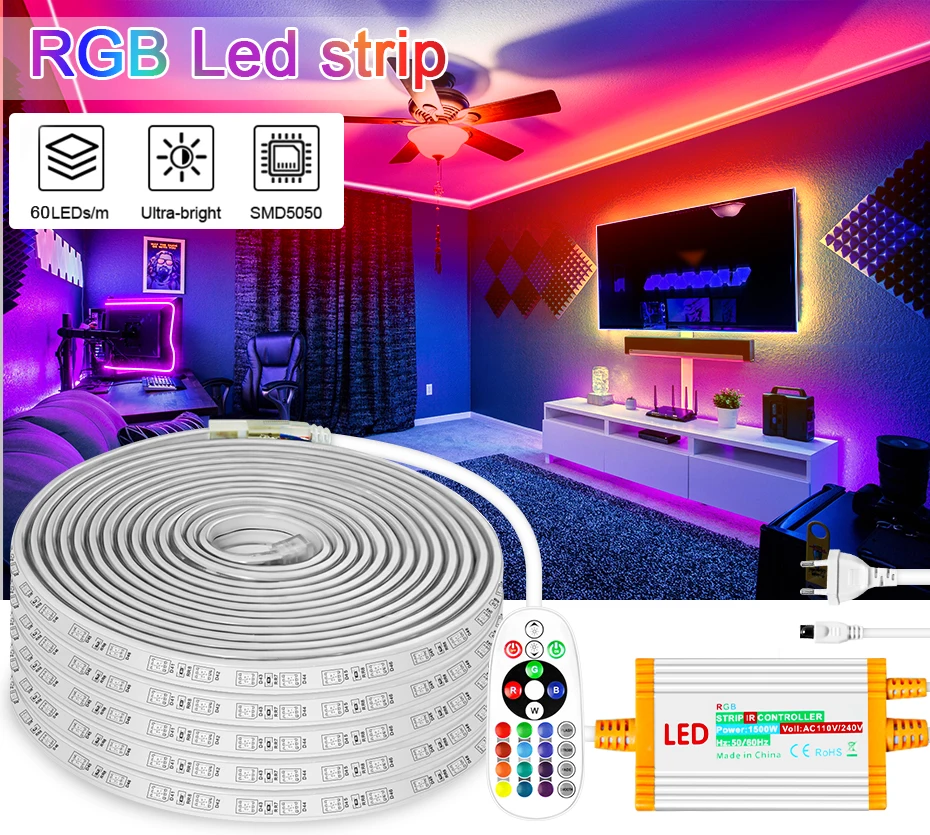 220V EU Led Strip Light RGB 4Pin 5050 Super Bright Flexible Tape IP67 Waterproof 1m-50M 60LEDs/M with 1500W IR Remote Control