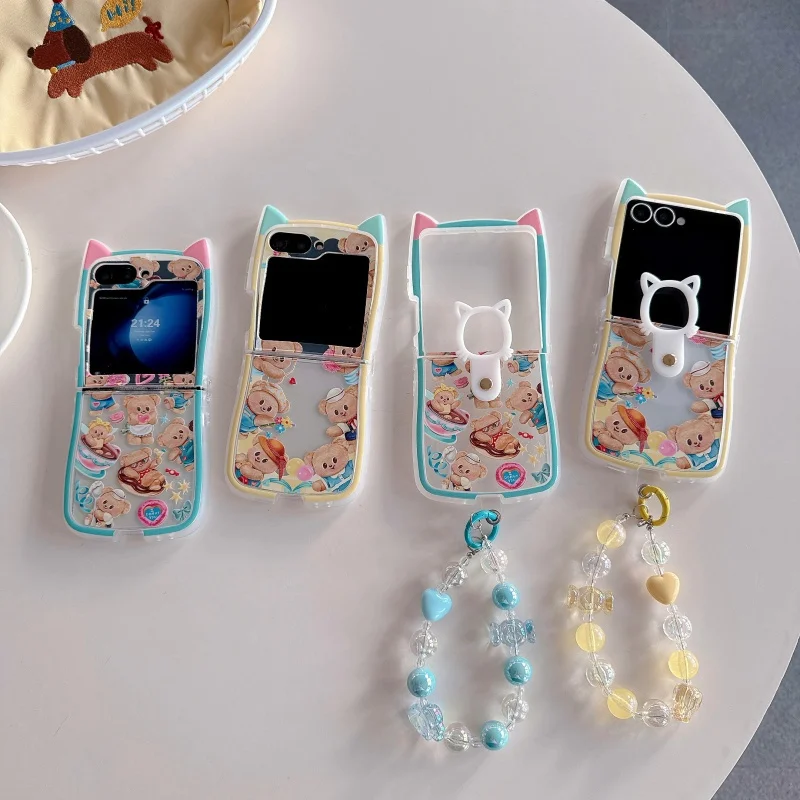 

Kawaii Cartoon Yellow Bear Phone Case For Samsung Galaxy Z Flip 7 6 5 4 3 ZFlip6 ZFlip5 Cover with Ring Chain Shockproof Cases