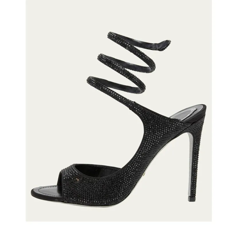 

Женские блестящие туфли на каблуке со спиральным ремешком и открытым носком на шпильке, гламурные вечерние вечерние туфли для вечеринок, весна/лето, модные образцы