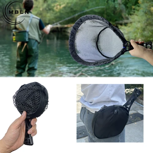 MBLN Red de pesca portátil, red plegable recubierta de nailon, aro de acero al carbono, mango de nailon fuerte, con bolsa con clip para carpa/transmisión