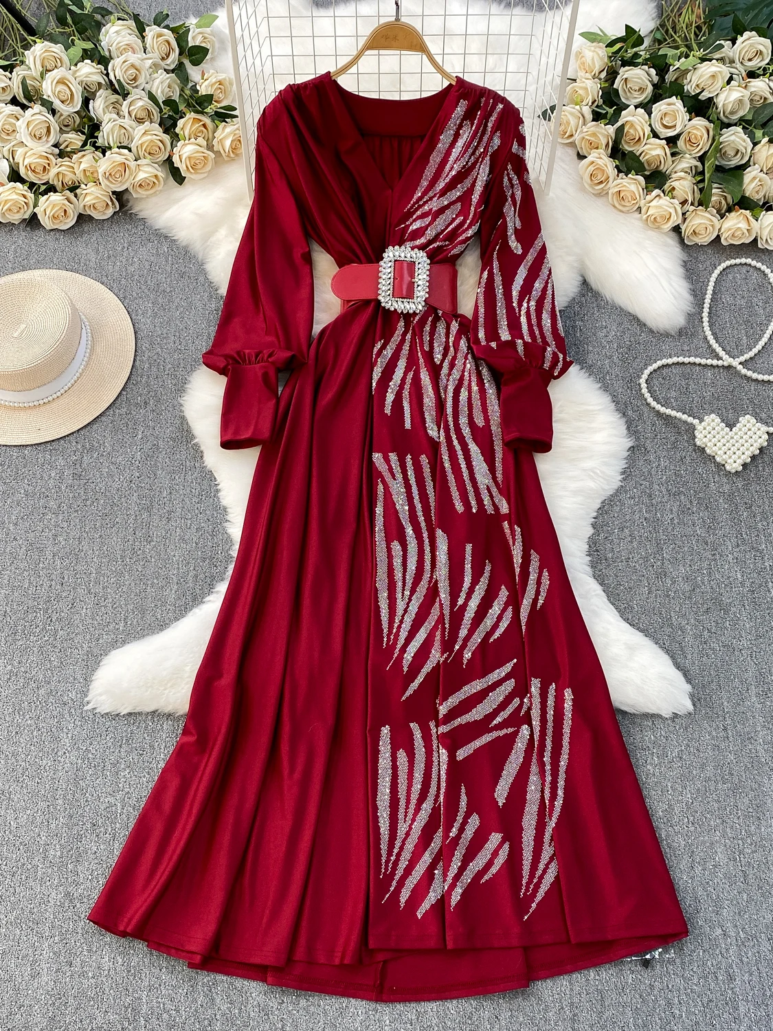 Ele V-ne Lantern Sve Long Dr Vestido de mujer de cintura alta con adornos de diamantes y adelgazamiento Dr Fall Faion