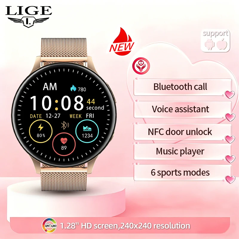 

LIGE Women's Smart Watch Heart Rate Monitor NFC Door Unlock Bluetooth Call Music Voice Assistant Smartwatch For Android IOS 2026