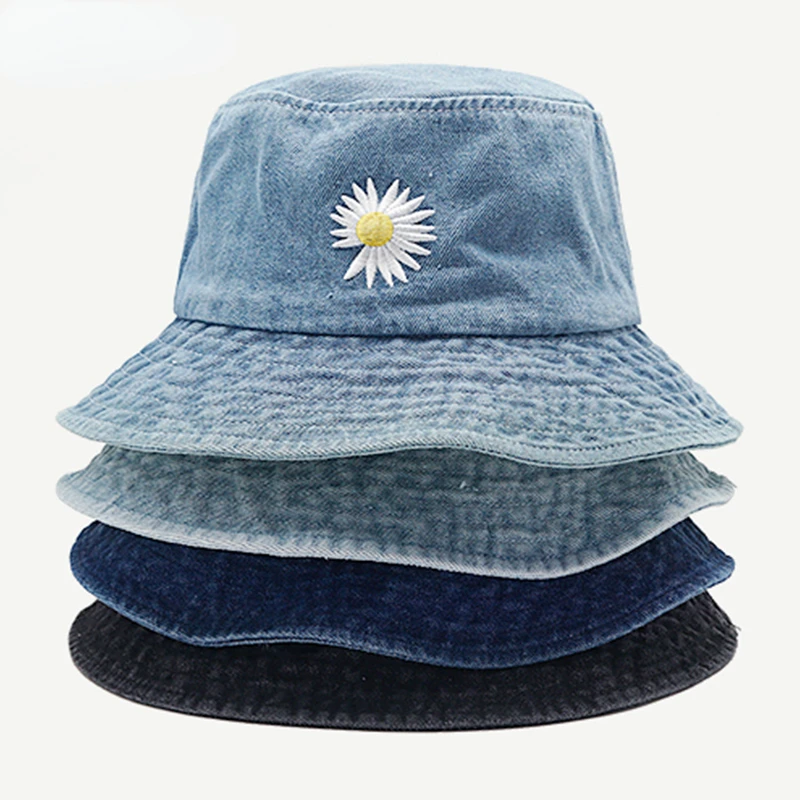 New INS Korean Daisy Embroidery Bucket Hat Women Men Panama Summer Sun Hat Fashion Flower Bob Washed Denim Basin Cap Wholesale