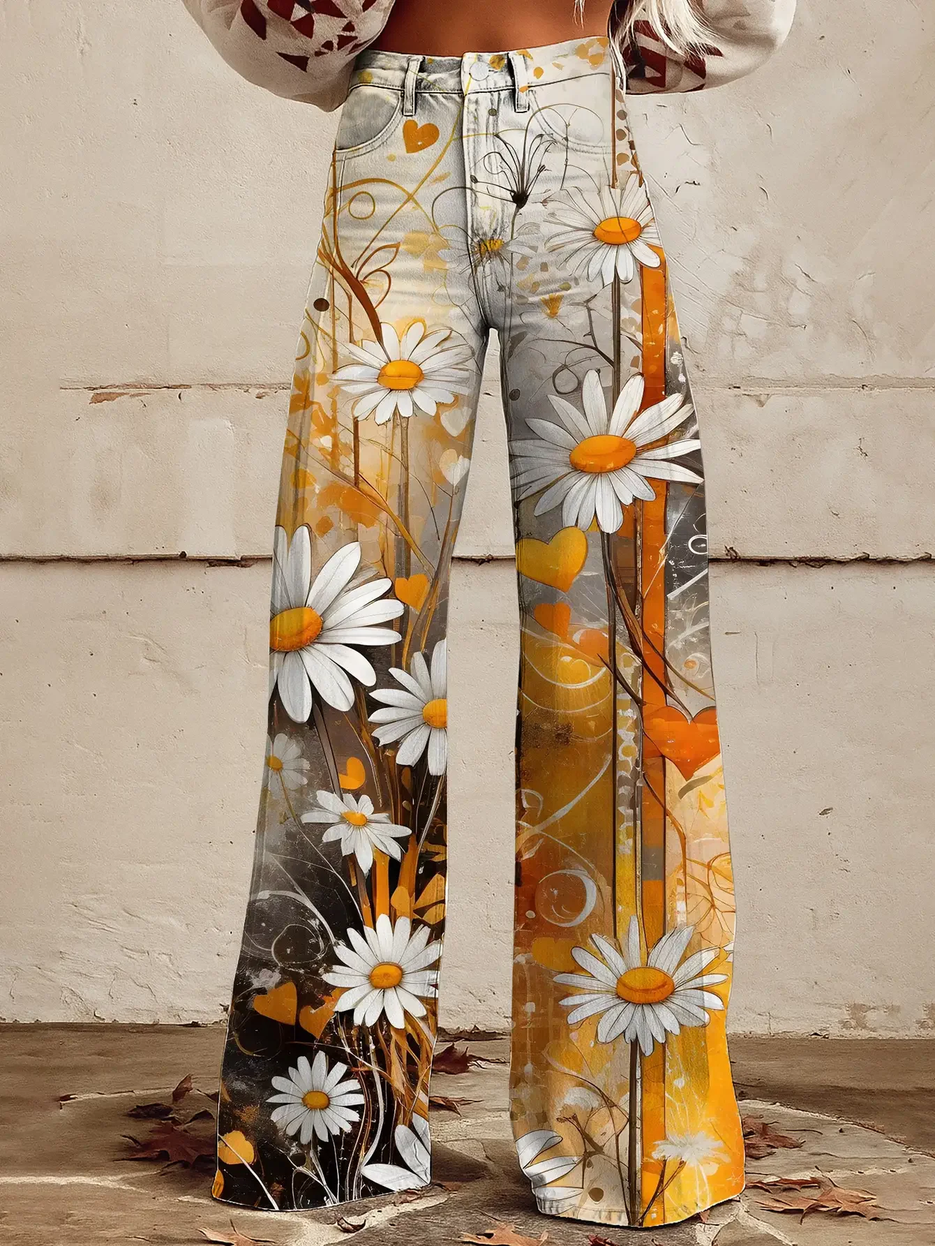 Women's printed geometric pattern wide leg imitation jeans, Extra long full-length waistband with built-in zipper