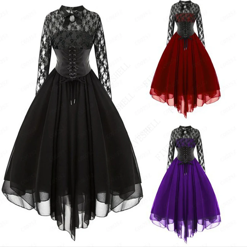 Vestidos de festa feminino gótico punk vintage, sem mangas cruzadas com renda traseira patchwork, cabeçada com renda, espartilho corte, vestido swing, 2023