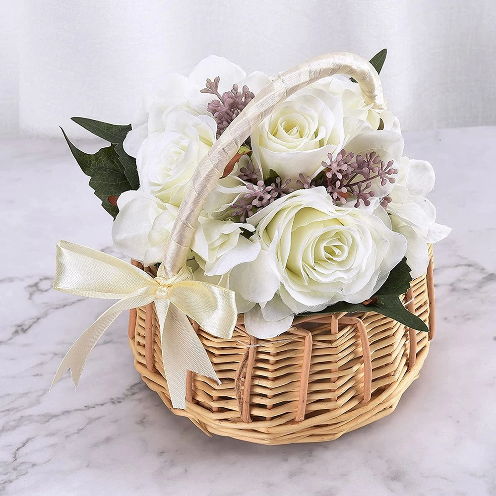 Woven Flower Basket Rattan Storage Basket Flower Girl Hand Basket Handmade Flower Basket for Home Wedding Decor