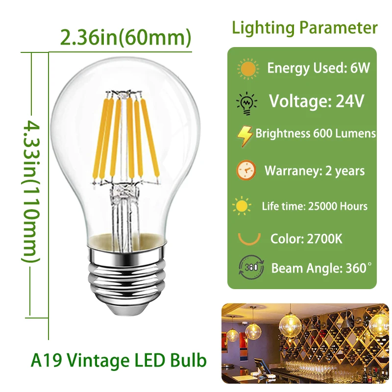 Imagem -03 - Vintage Edison Lâmpada Led Lights E27 dc 24v 6w 600lm Lumen Branco Quente 2700k Spot Bulbs para Iluminação Exterior