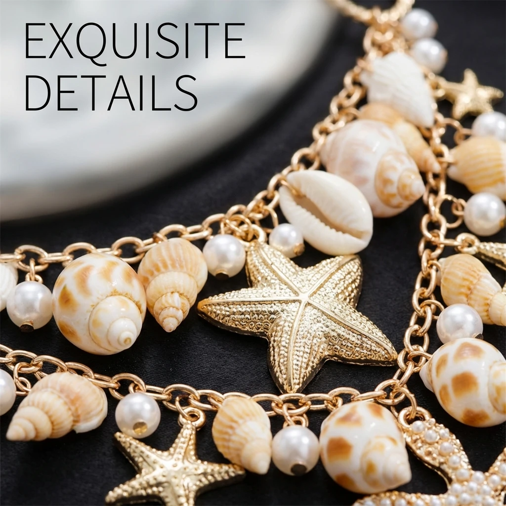 Übertriebene Seestern-Anhänger-Halskette für Frauen Muschel-Konch-Imitationsperlen-Kette Armbänder Sommer Strand Urlaub Schmuck Geschenk – Detail 3